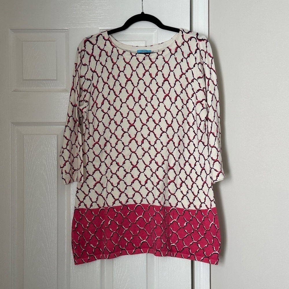J. McLaughlin Geometric Catalina Cloth Tunic Pink Ivory Size Large 3/4 Sleeves